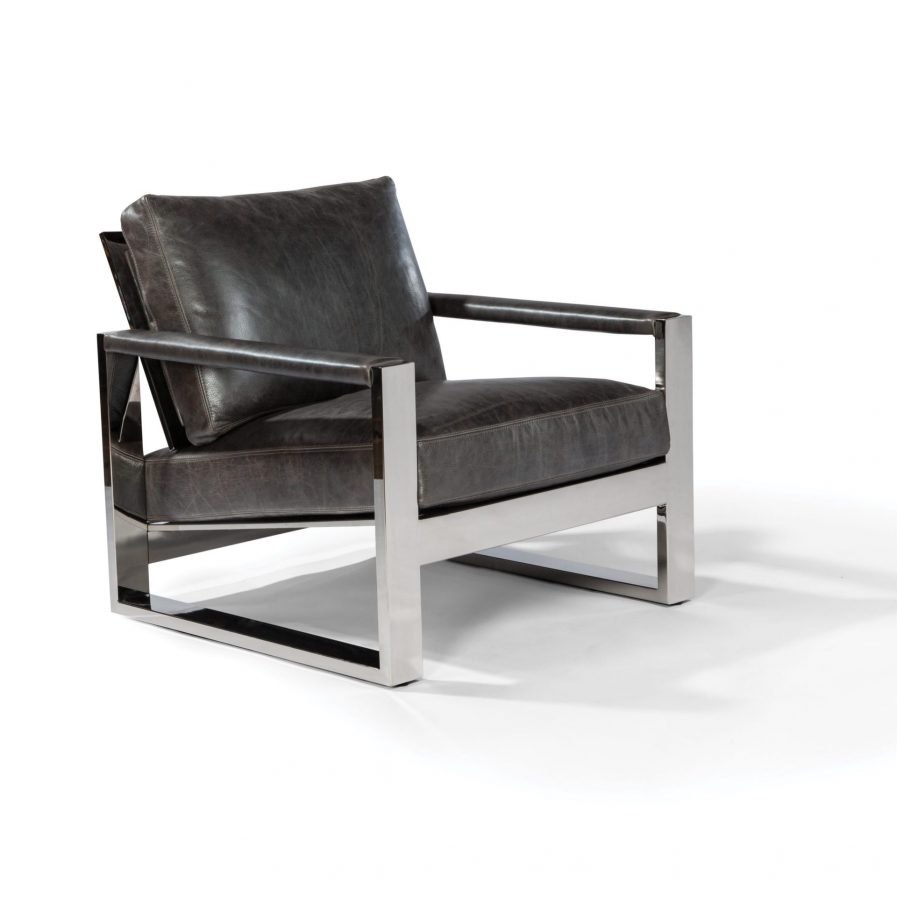 Thayer Coggin Chunky Milo Lounge Chair black leather chrome frame