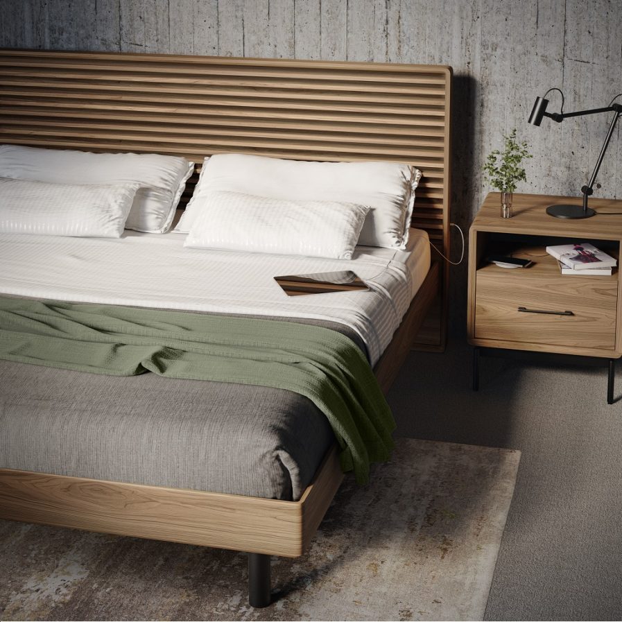 cross linq bed king 9129 BDI walnut modern platform bed 9181 22 side table detail vertical