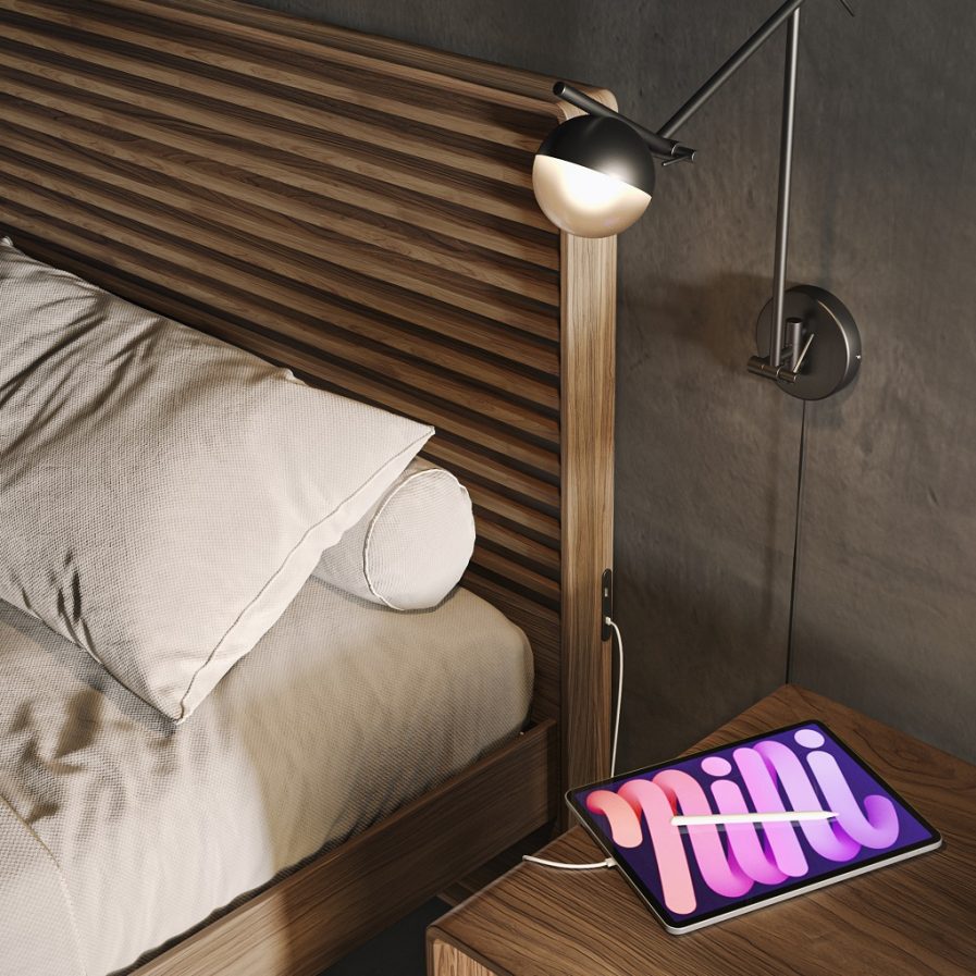cross linq bed queen 9127 bdi furniture walnut lifestyle power detail