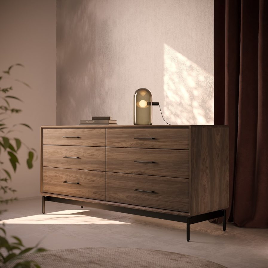 linq 9186 modern wood bedroom 6 drawer dresser bdi furniture walnut lifestyle 2