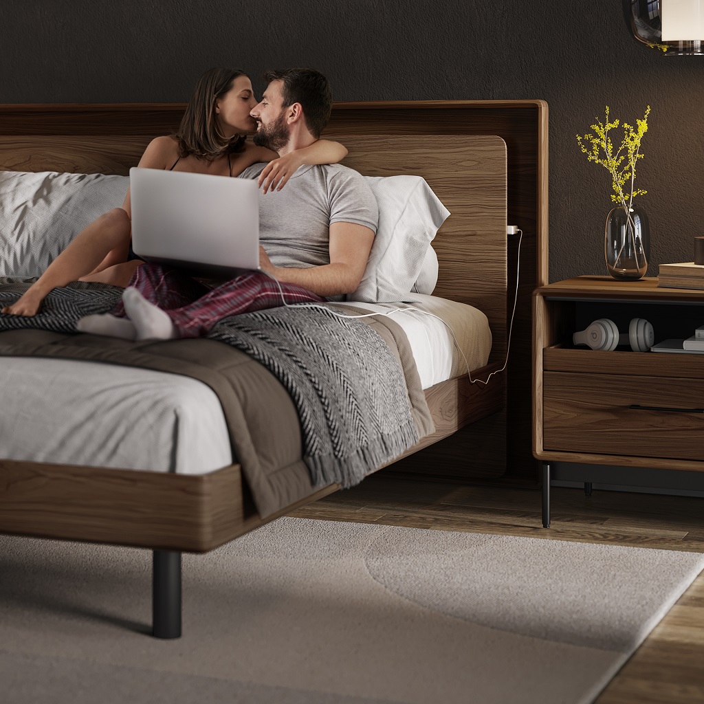 up linq bed king 9119 BDI walnut modern platform bed lifestyle couple