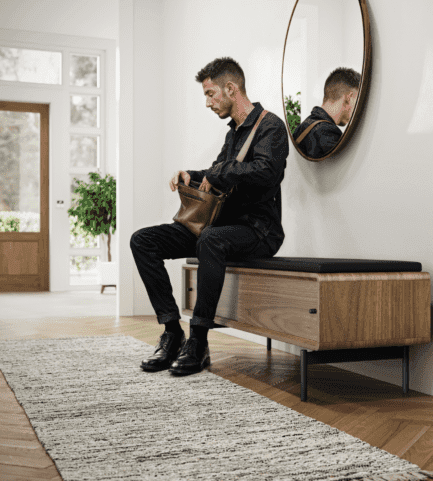 LINQ bench BDI 9102 leather black upholstered storage bench WL PE LS 2