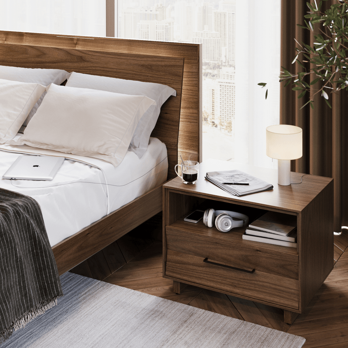 kava 9617 queen 9682 BDI walnut modern platform bed 1 on power