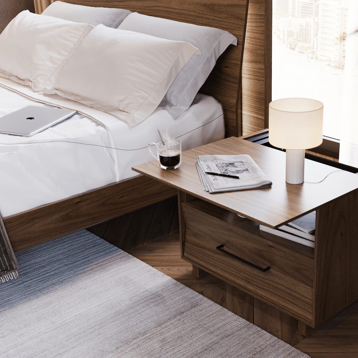 kava 9682 9617 queen BDI walnut modern platform bed 2 on
